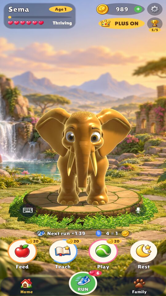 A baby elephant on the sanctuary's stone dais, with Feed, Teach, Play and Rest buttons